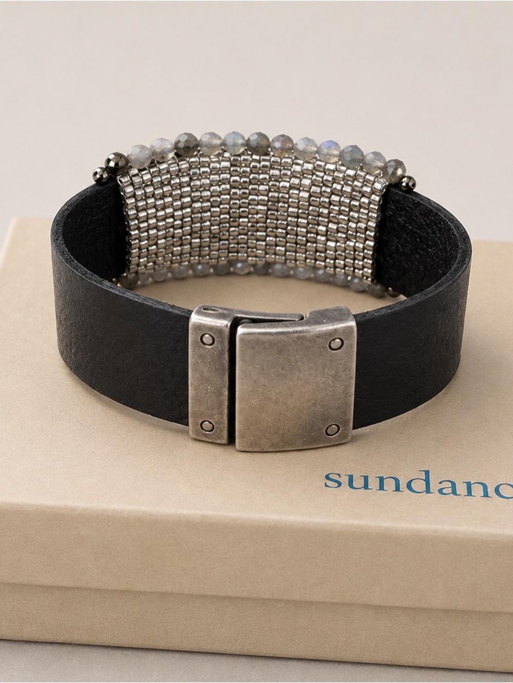 Sundance leather labradorite, multi strand beat it cuff bracelet magnetic cuff - Picture 3 of 4